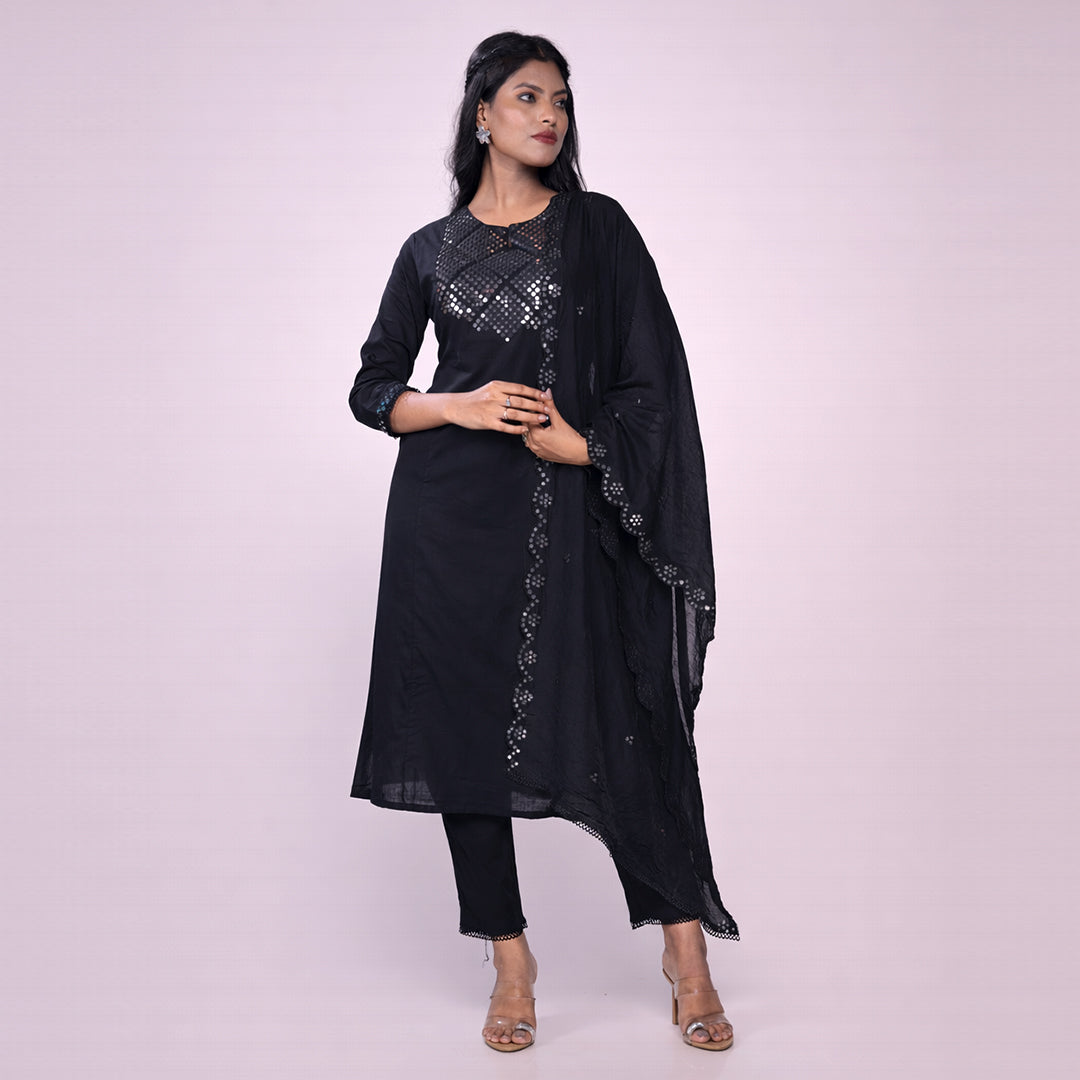 Women's Black Cotton Kurta Set with Mirror Work | 3-Piece Ethnic Suit Set with Dupatta | Festive & Party Wear