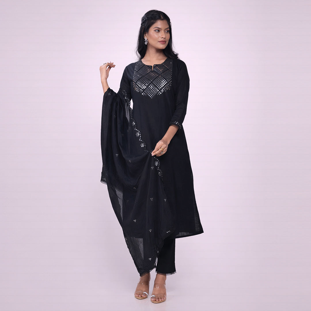 Women's Black Cotton Kurta Set with Mirror Work | 3-Piece Ethnic Suit Set with Dupatta | Festive & Party Wear