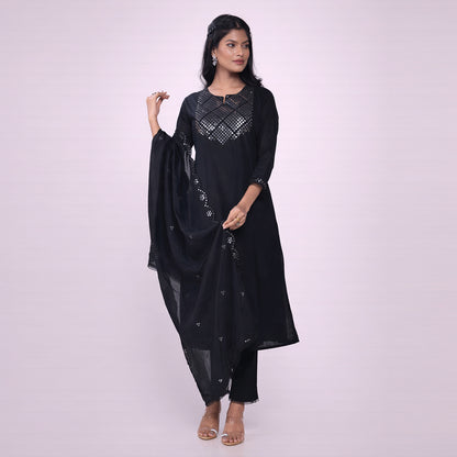 Women's Black Cotton Kurta Set with Mirror Work | 3-Piece Ethnic Suit Set with Dupatta | Festive & Party Wear