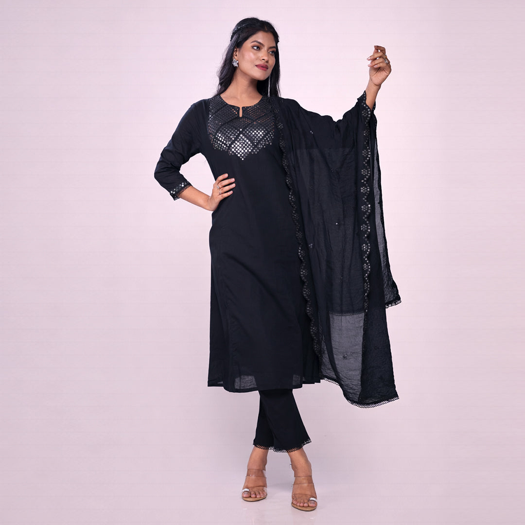 Women's Black Cotton Kurta Set with Mirror Work | 3-Piece Ethnic Suit Set with Dupatta | Festive & Party Wear
