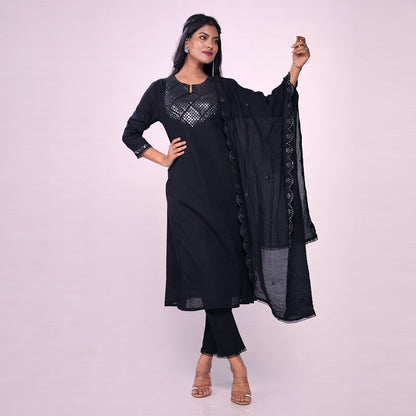 Women's Black Cotton Kurta Set with Mirror Work | 3-Piece Ethnic Suit Set with Dupatta | Festive & Party Wear
