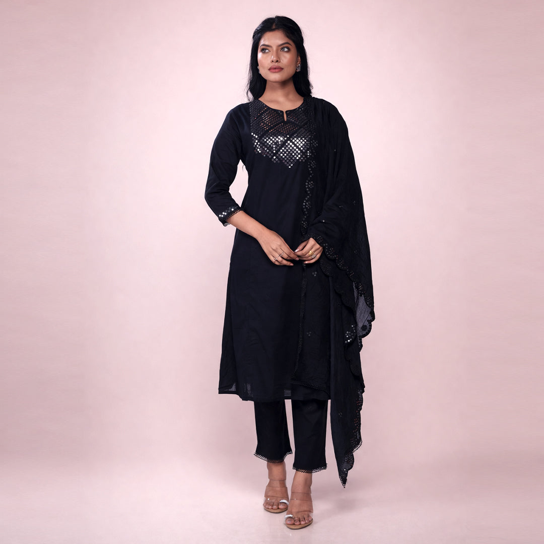 Women's Black Cotton Kurta Set with Mirror Work | 3-Piece Ethnic Suit Set with Dupatta | Festive & Party Wear