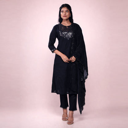 Women's Black Cotton Kurta Set with Mirror Work | 3-Piece Ethnic Suit Set with Dupatta | Festive & Party Wear