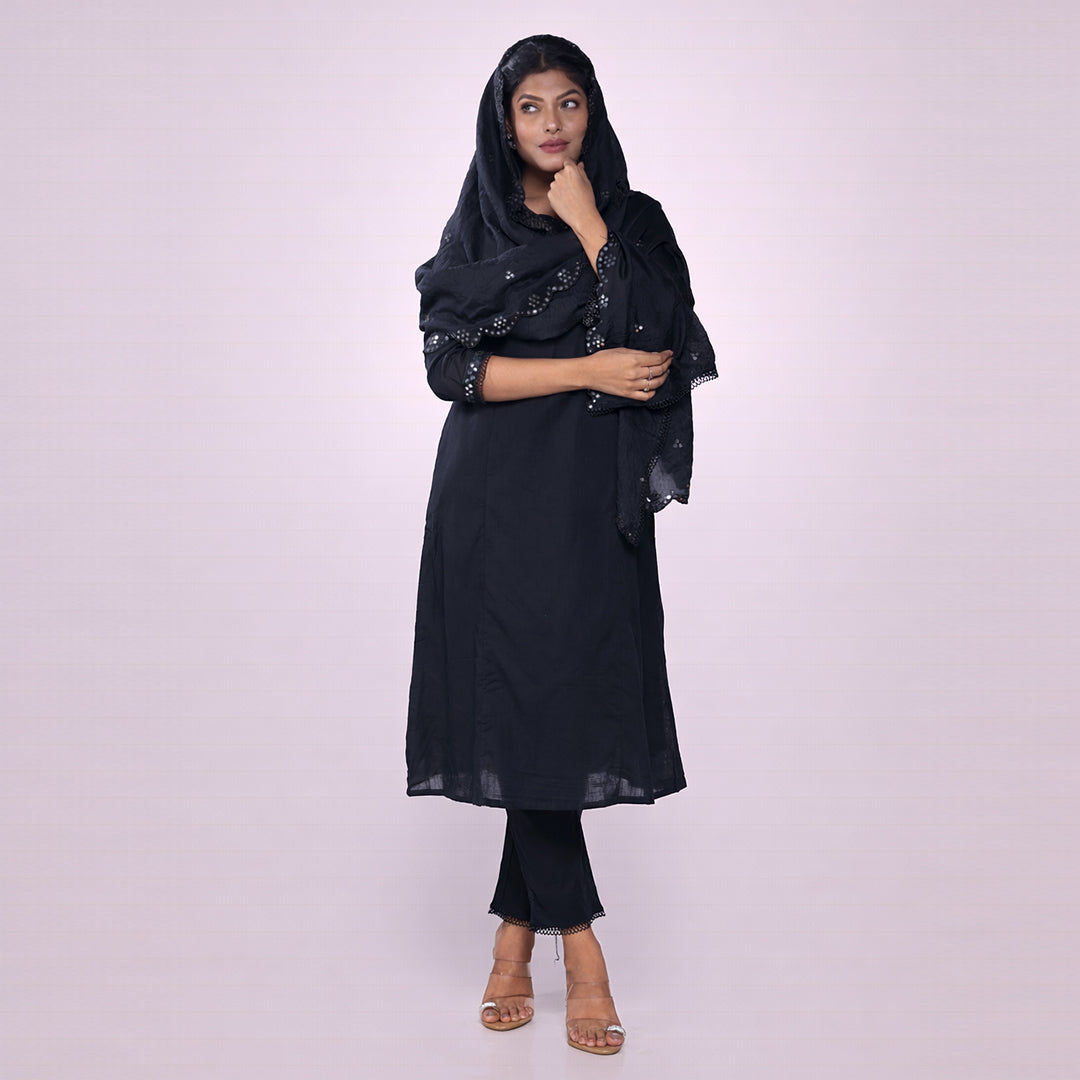 Women's Black Cotton Kurta Set with Mirror Work | 3-Piece Ethnic Suit Set with Dupatta | Festive & Party Wear