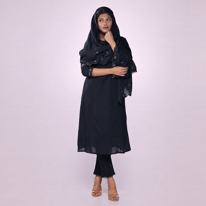 Women's Black Cotton Kurta Set with Mirror Work | 3-Piece Ethnic Suit Set with Dupatta | Festive & Party Wear