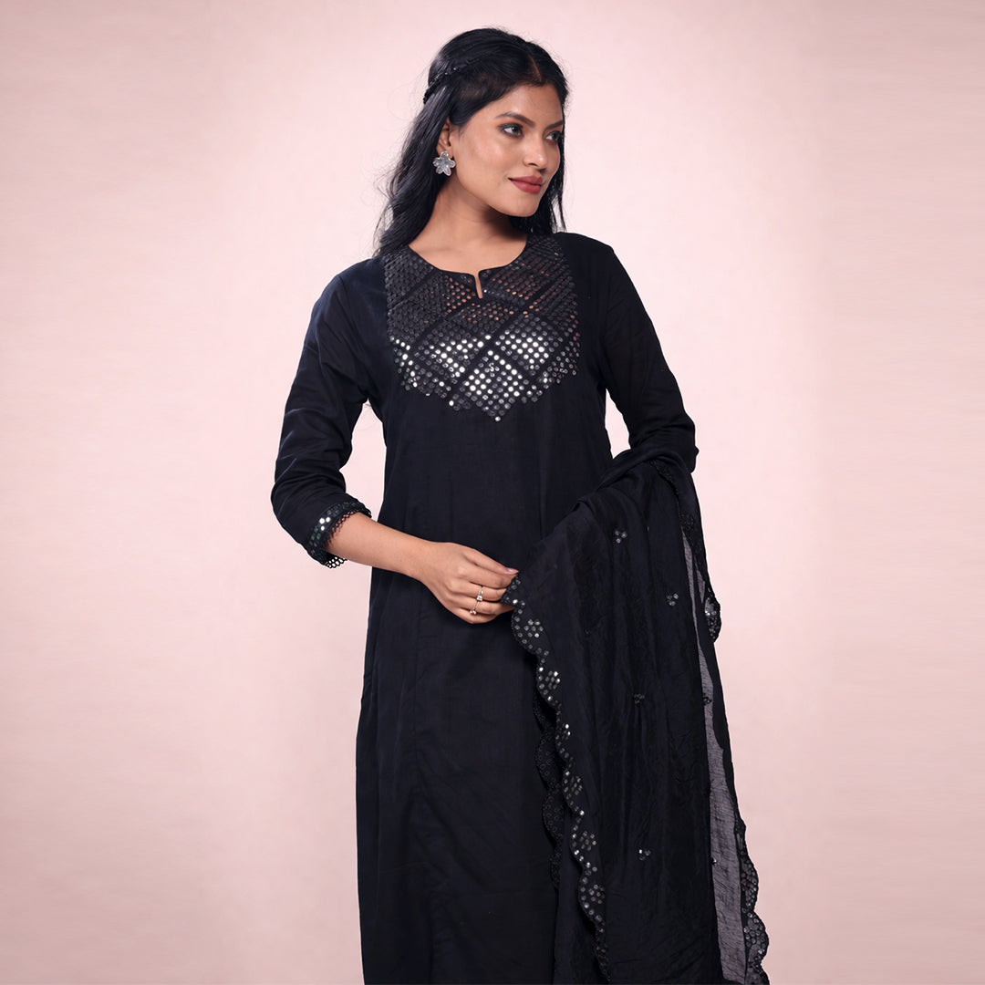 Women's Black Cotton Kurta Set with Mirror Work | 3-Piece Ethnic Suit Set with Dupatta | Festive & Party Wear