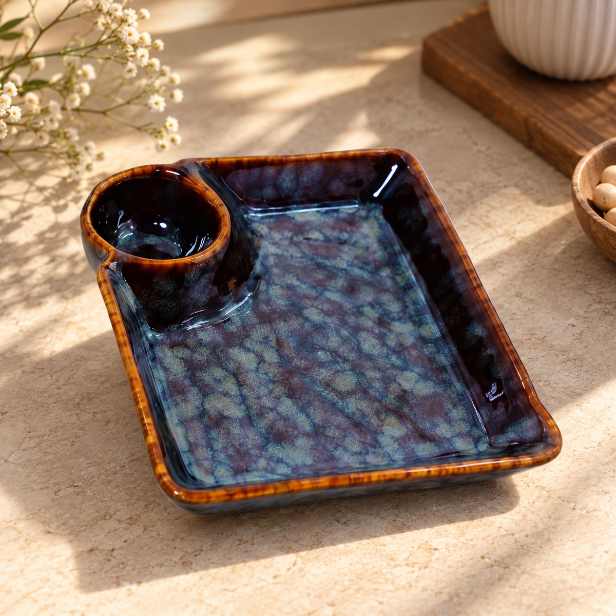 Handcrafted Ceramic Serving Tray with Dip Bowl in Blue & Brown Colour