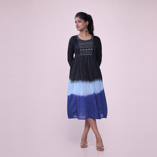 Cotton Ombre Midi Dress for Women | Embroidered Yoke Ethnic Flared Dress
