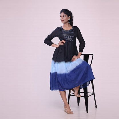 Cotton Ombre Midi Dress for Women | Embroidered Yoke Ethnic Flared Dress