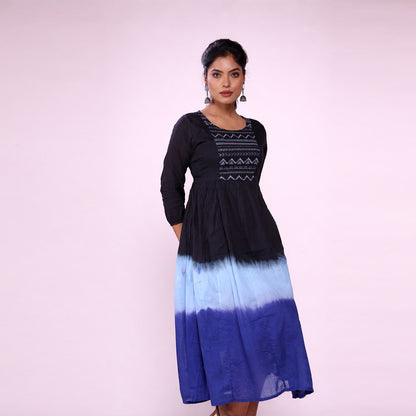 Cotton Ombre Midi Dress for Women | Embroidered Yoke Ethnic Flared Dress