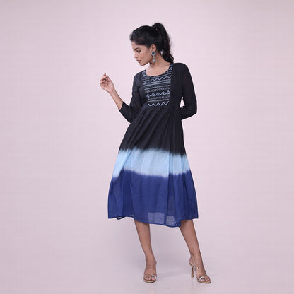 Cotton Ombre Midi Dress for Women | Embroidered Yoke Ethnic Flared Dress