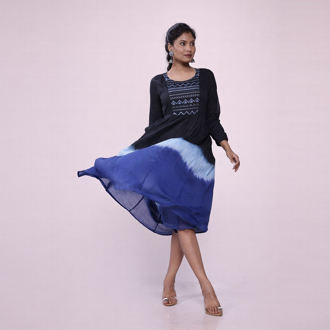 Cotton Ombre Midi Dress for Women | Embroidered Yoke Ethnic Flared Dress