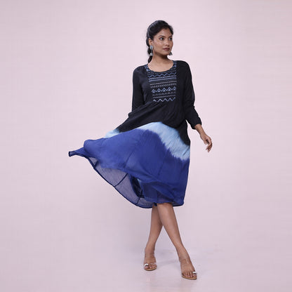 Cotton Ombre Midi Dress for Women | Embroidered Yoke Ethnic Flared Dress