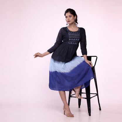 Cotton Ombre Midi Dress for Women | Embroidered Yoke Ethnic Flared Dress