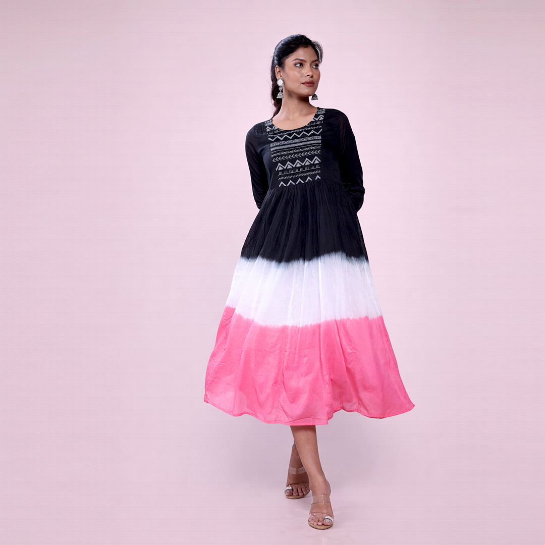 Cotton Ombre Midi Dress for Women | Embroidered Yoke Ethnic Flared Dress