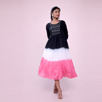 Cotton Ombre Midi Dress for Women | Embroidered Yoke Ethnic Flared Dress