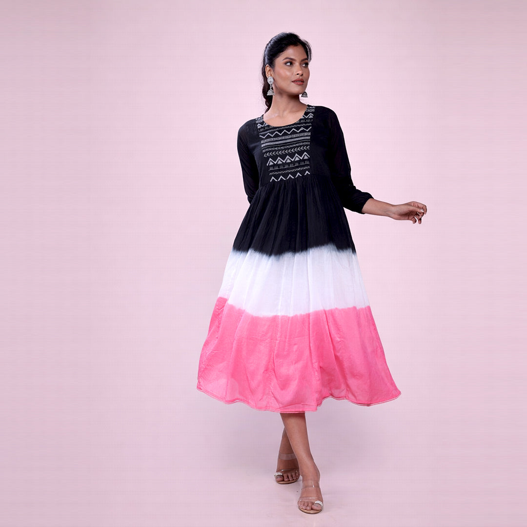 Cotton Ombre Midi Dress for Women | Embroidered Yoke Ethnic Flared Dress