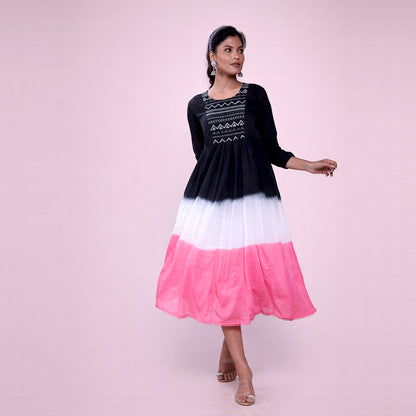 Cotton Ombre Midi Dress for Women | Embroidered Yoke Ethnic Flared Dress