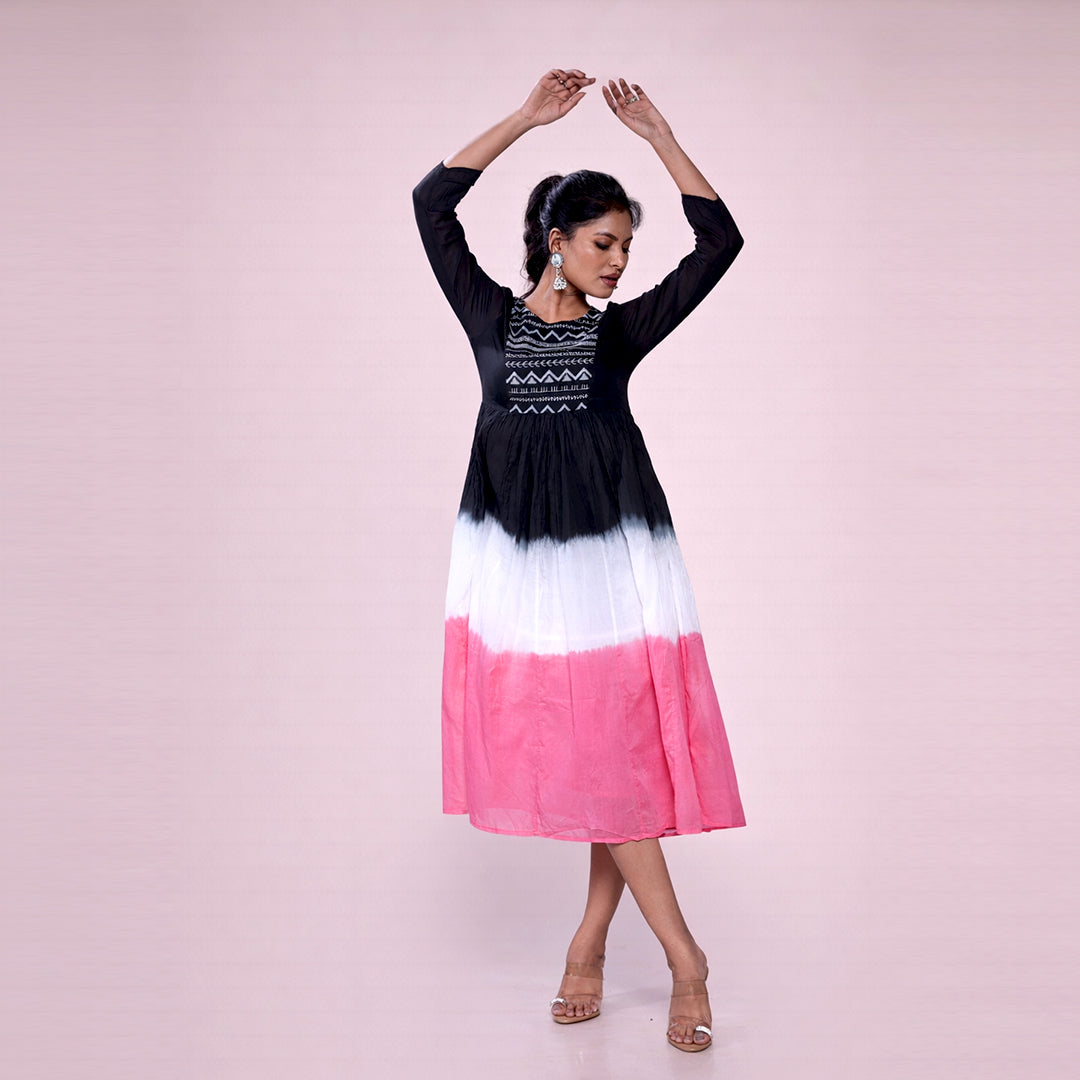 Cotton Ombre Midi Dress for Women | Embroidered Yoke Ethnic Flared Dress