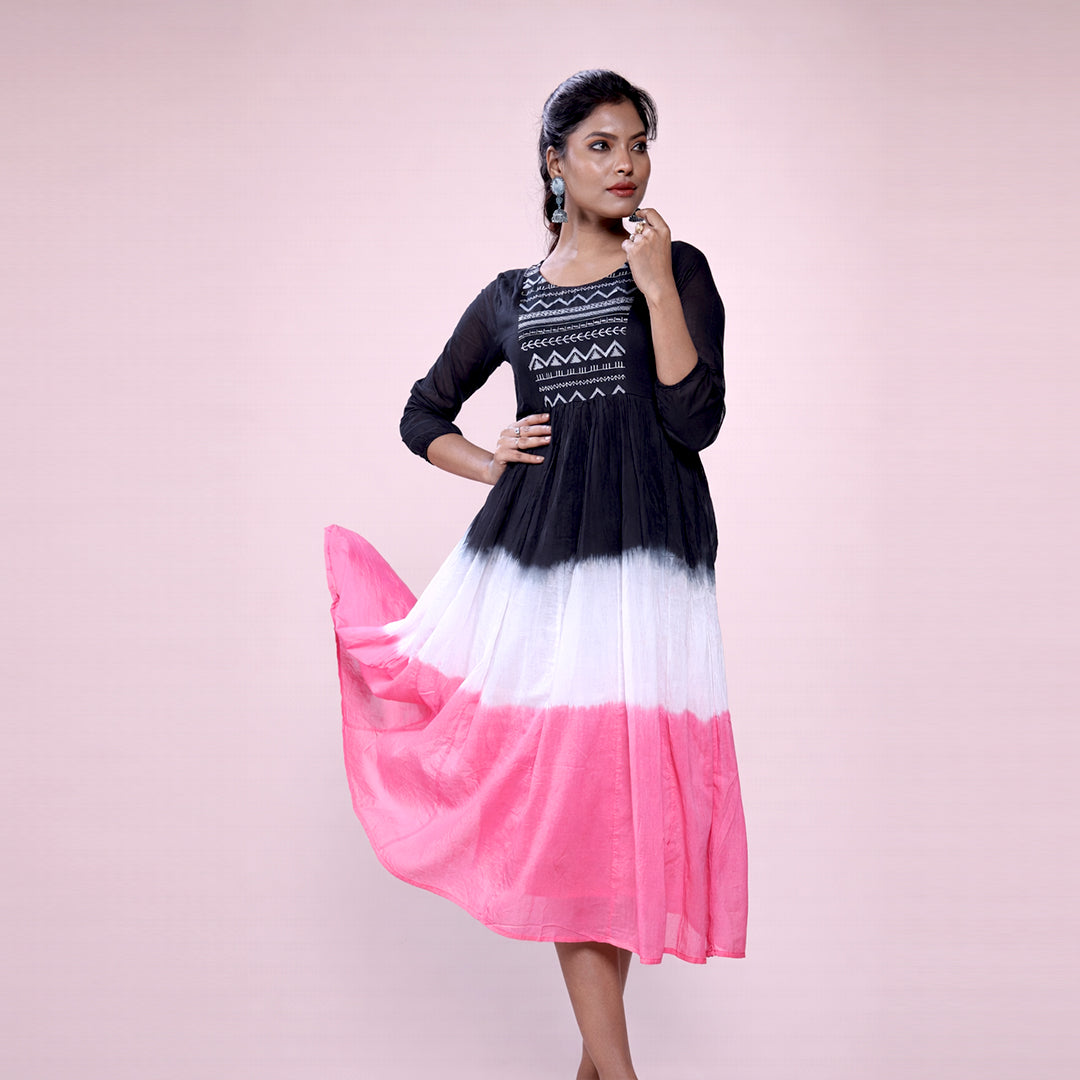 Cotton Ombre Midi Dress for Women | Embroidered Yoke Ethnic Flared Dress