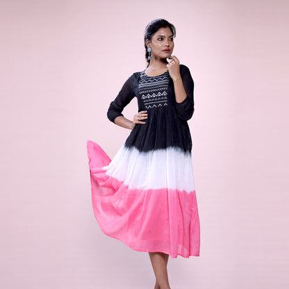 Cotton Ombre Midi Dress for Women | Embroidered Yoke Ethnic Flared Dress