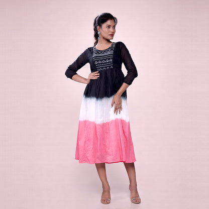 Cotton Ombre Midi Dress for Women | Embroidered Yoke Ethnic Flared Dress