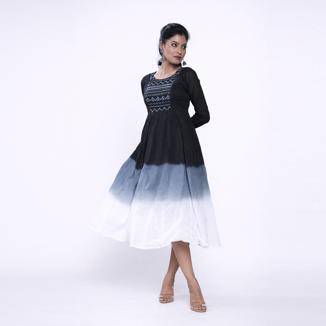 Cotton Ombre Midi Dress for Women | Embroidered Yoke Ethnic Flared Dress