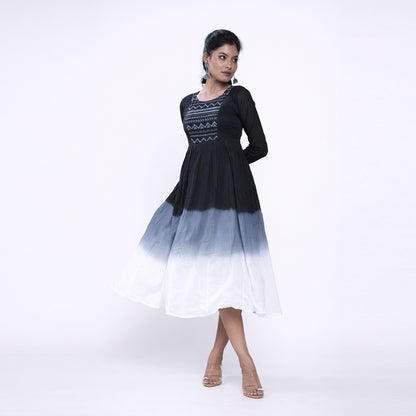Cotton Ombre Midi Dress for Women | Embroidered Yoke Ethnic Flared Dress