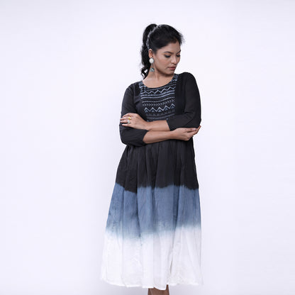 Cotton Ombre Midi Dress for Women | Embroidered Yoke Ethnic Flared Dress
