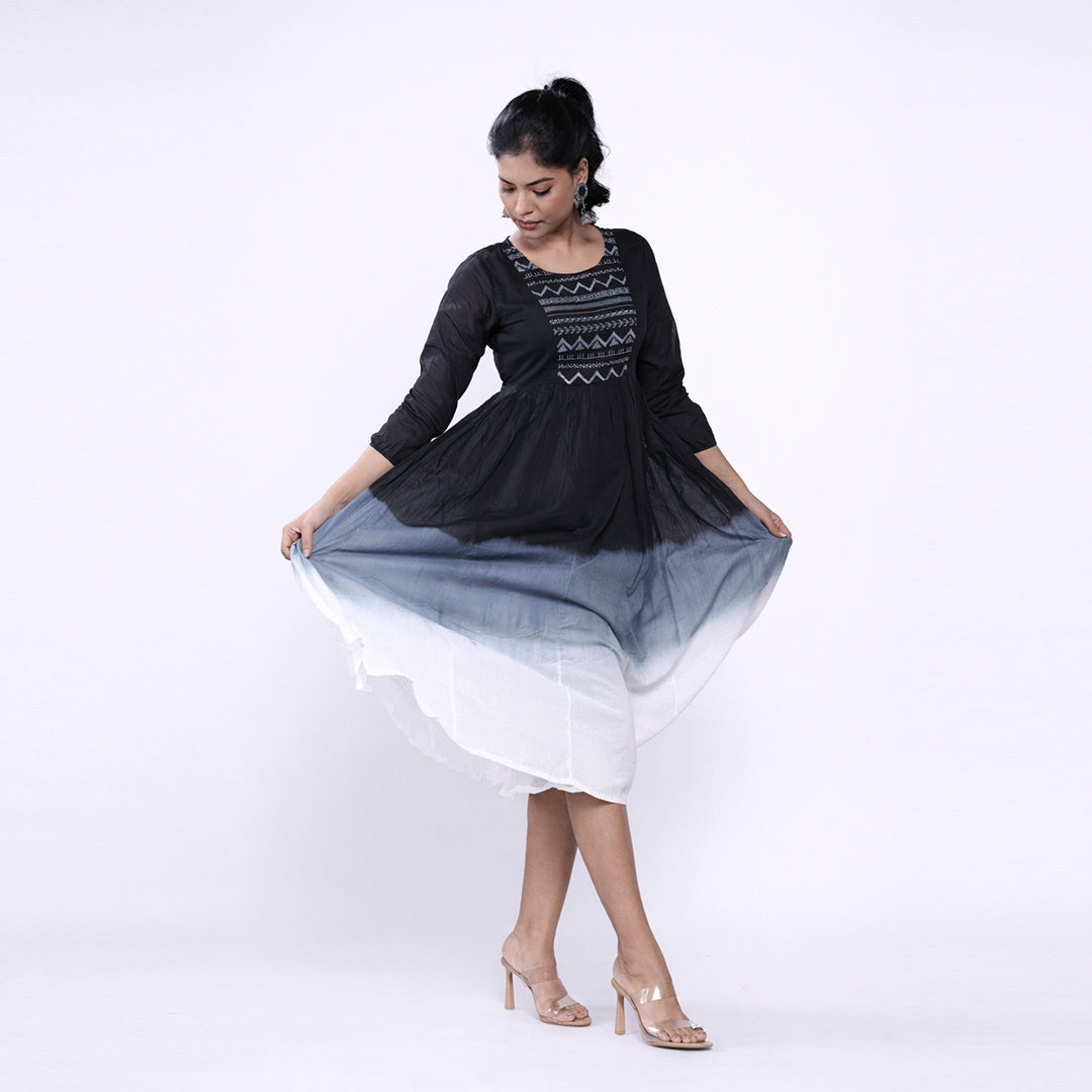 Cotton Ombre Midi Dress for Women | Embroidered Yoke Ethnic Flared Dress