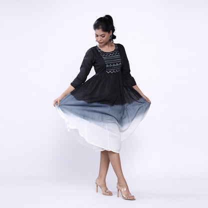 Cotton Ombre Midi Dress for Women | Embroidered Yoke Ethnic Flared Dress