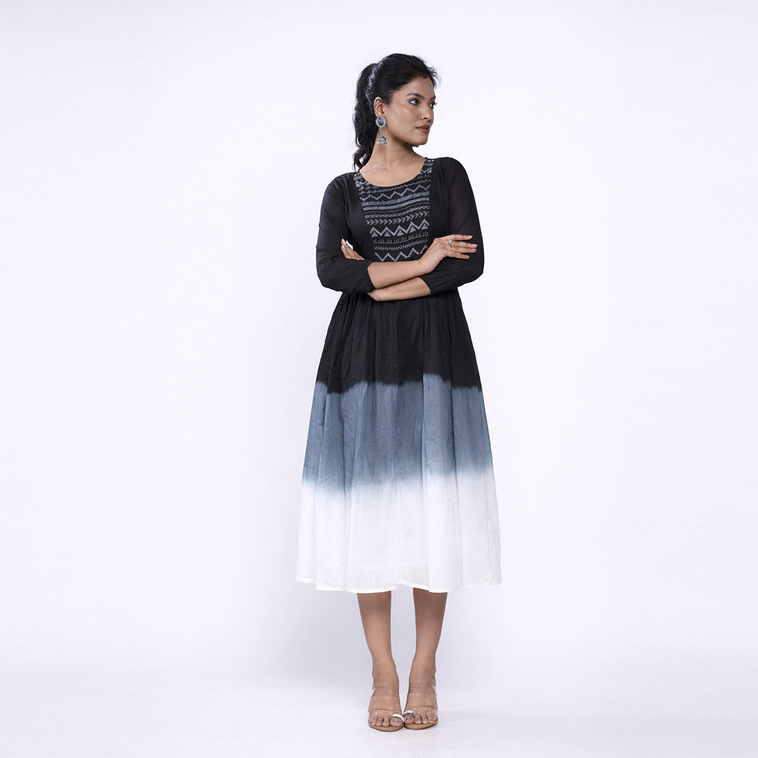 Cotton Ombre Midi Dress for Women | Embroidered Yoke Ethnic Flared Dress