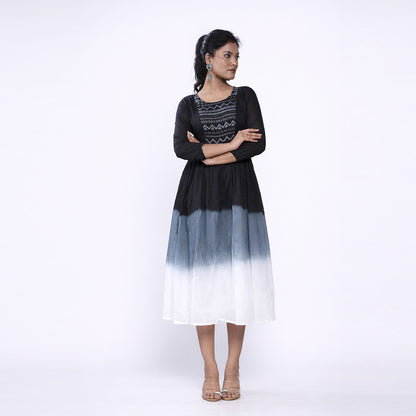 Cotton Ombre Midi Dress for Women | Embroidered Yoke Ethnic Flared Dress