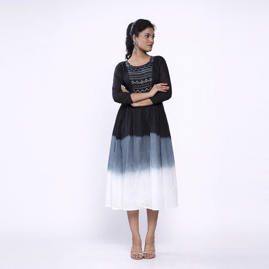 Cotton Ombre Midi Dress for Women | Embroidered Yoke Ethnic Flared Dress