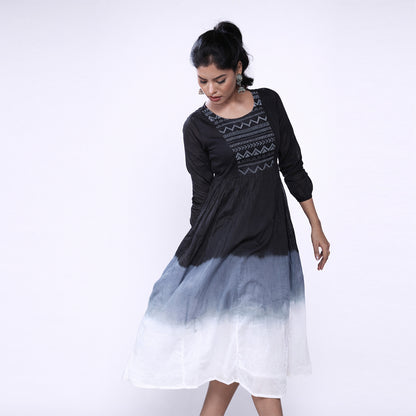 Cotton Ombre Midi Dress for Women | Embroidered Yoke Ethnic Flared Dress