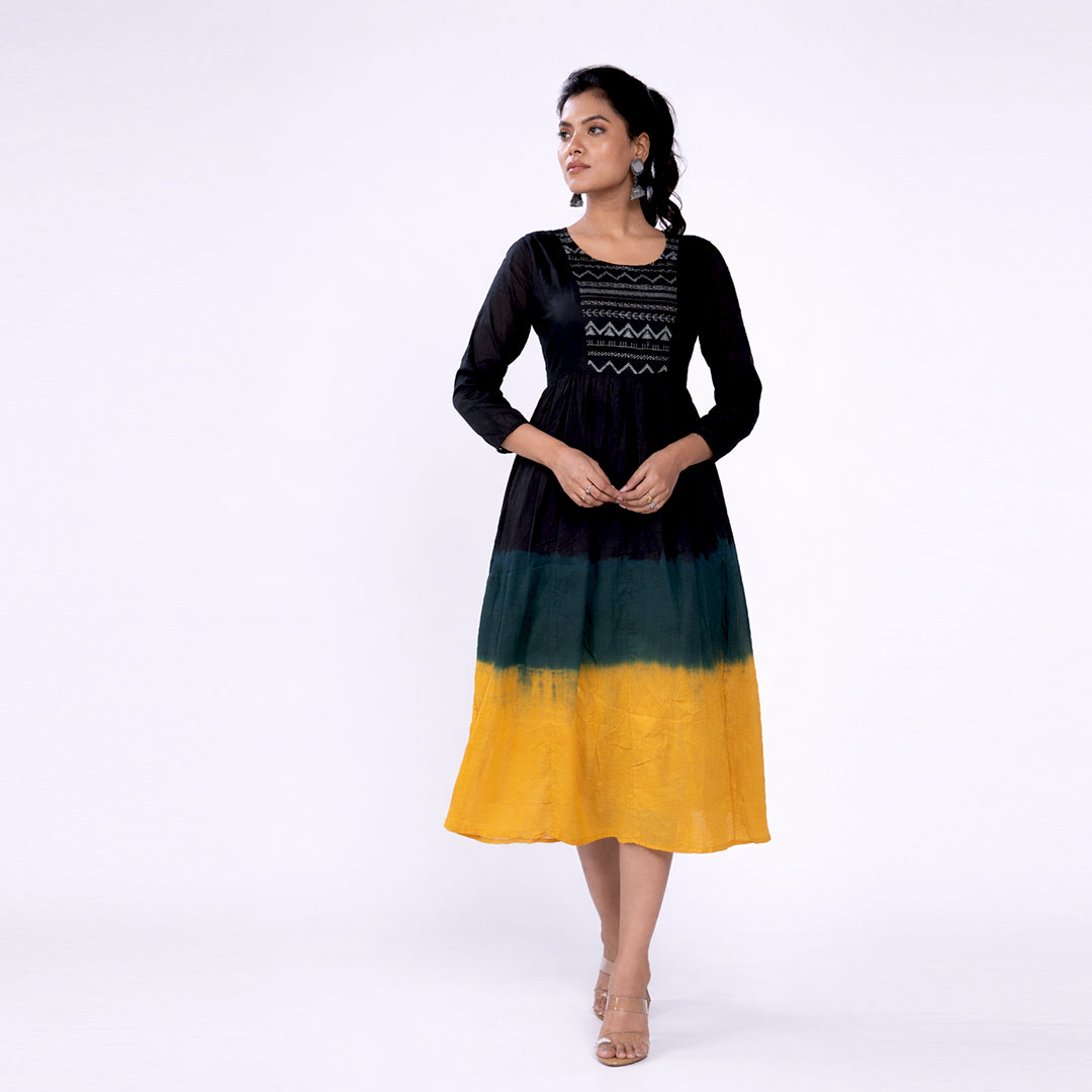 Cotton Ombre Midi Dress for Women | Embroidered Yoke Ethnic Flared Dress