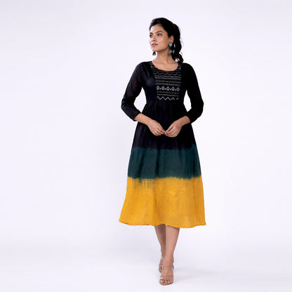 Cotton Ombre Midi Dress for Women | Embroidered Yoke Ethnic Flared Dress