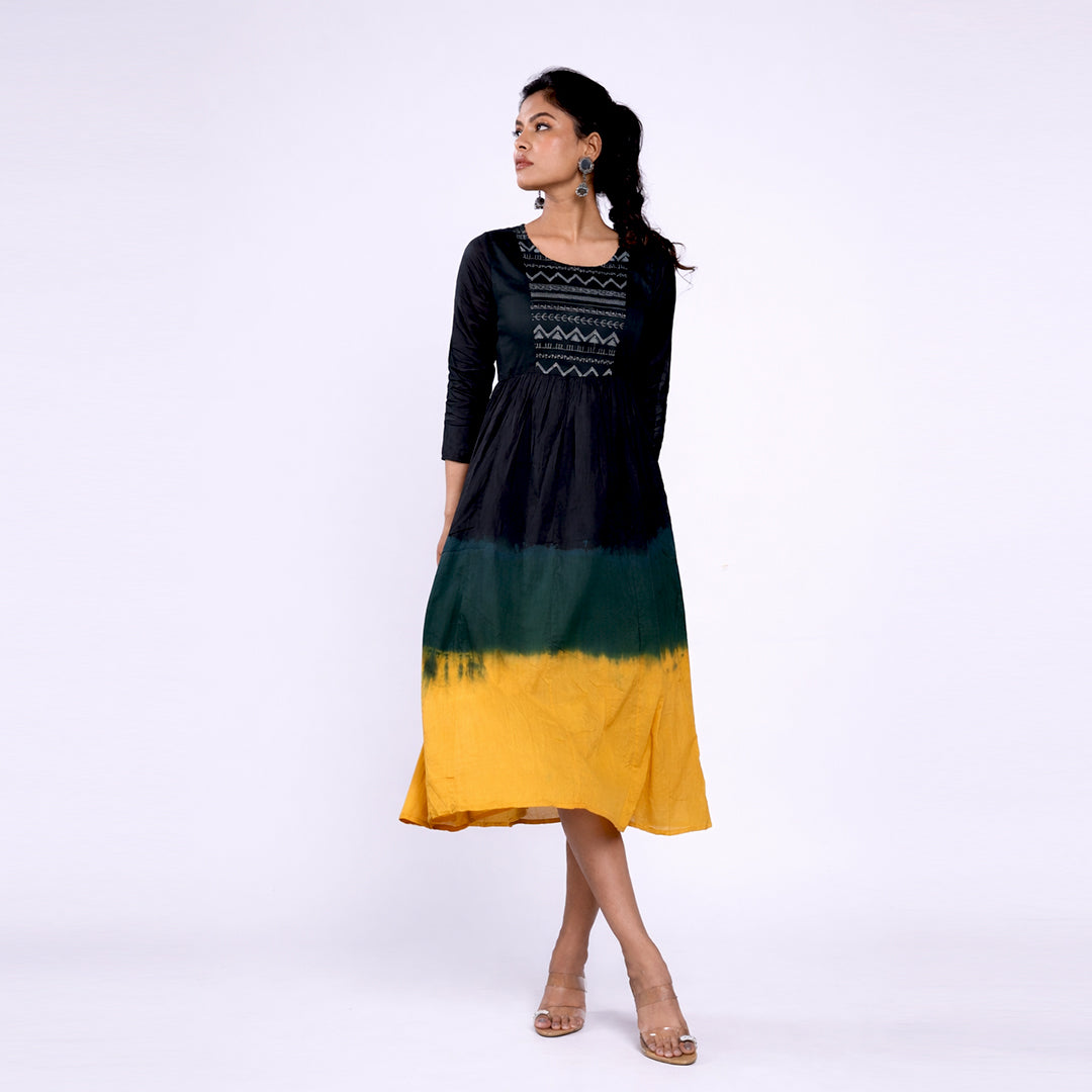 Cotton Ombre Midi Dress for Women | Embroidered Yoke Ethnic Flared Dress