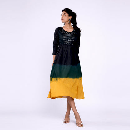 Cotton Ombre Midi Dress for Women | Embroidered Yoke Ethnic Flared Dress