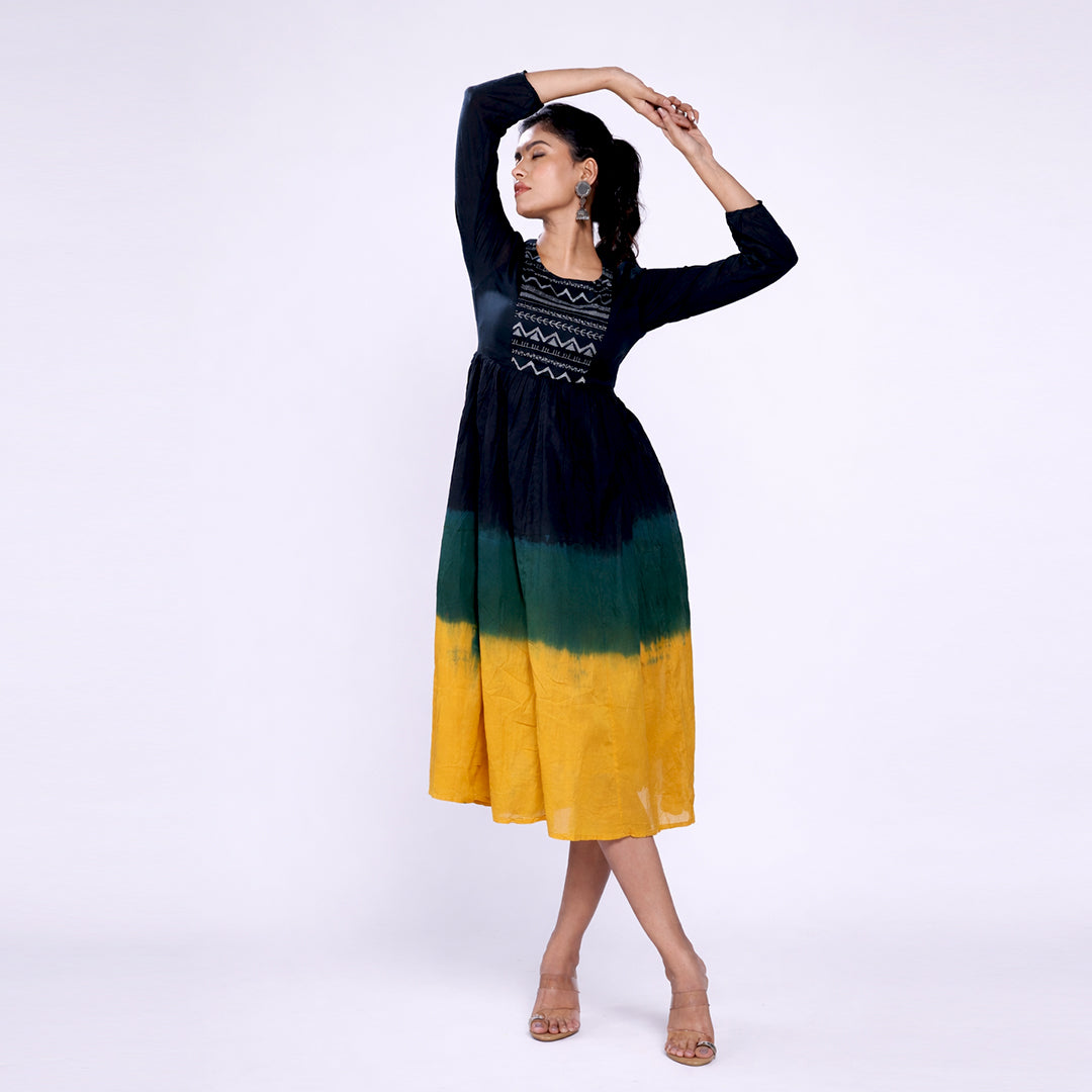 Cotton Ombre Midi Dress for Women | Embroidered Yoke Ethnic Flared Dress
