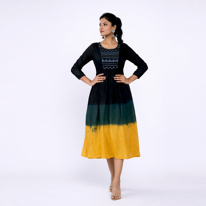 Cotton Ombre Midi Dress for Women | Embroidered Yoke Ethnic Flared Dress