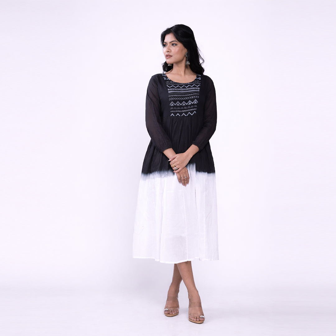 Cotton Ombre Midi Dress for Women | Embroidered Yoke Ethnic Flared Dress