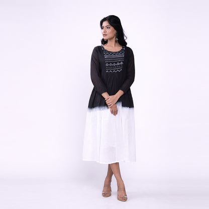 Cotton Ombre Midi Dress for Women | Embroidered Yoke Ethnic Flared Dress