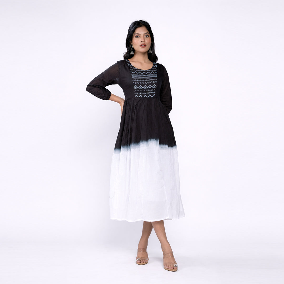 Cotton Ombre Midi Dress for Women | Embroidered Yoke Ethnic Flared Dress