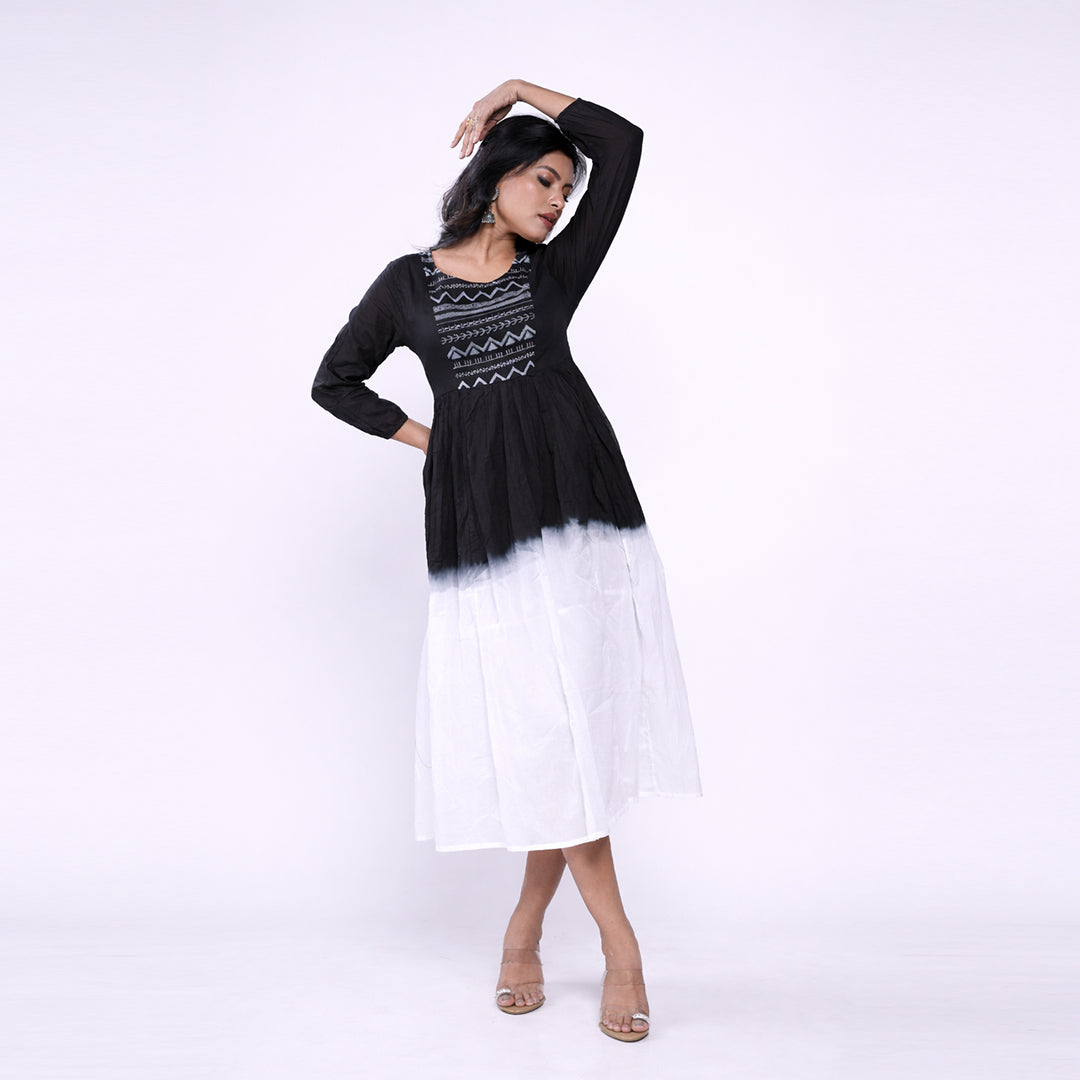 Cotton Ombre Midi Dress for Women | Embroidered Yoke Ethnic Flared Dress