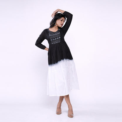 Cotton Ombre Midi Dress for Women | Embroidered Yoke Ethnic Flared Dress