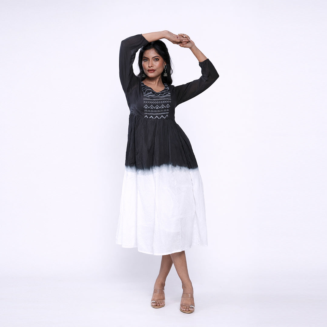 Cotton Ombre Midi Dress for Women | Embroidered Yoke Ethnic Flared Dress