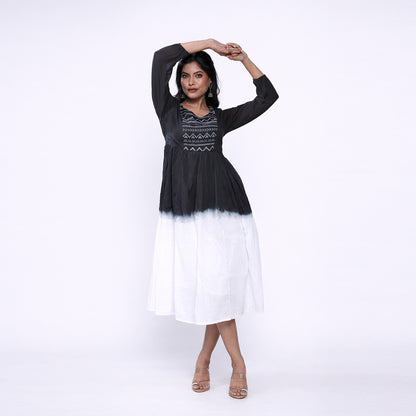 Cotton Ombre Midi Dress for Women | Embroidered Yoke Ethnic Flared Dress