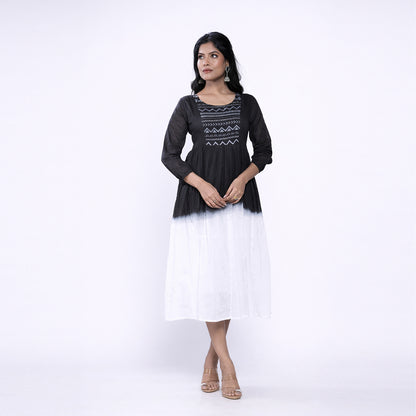Cotton Ombre Midi Dress for Women | Embroidered Yoke Ethnic Flared Dress