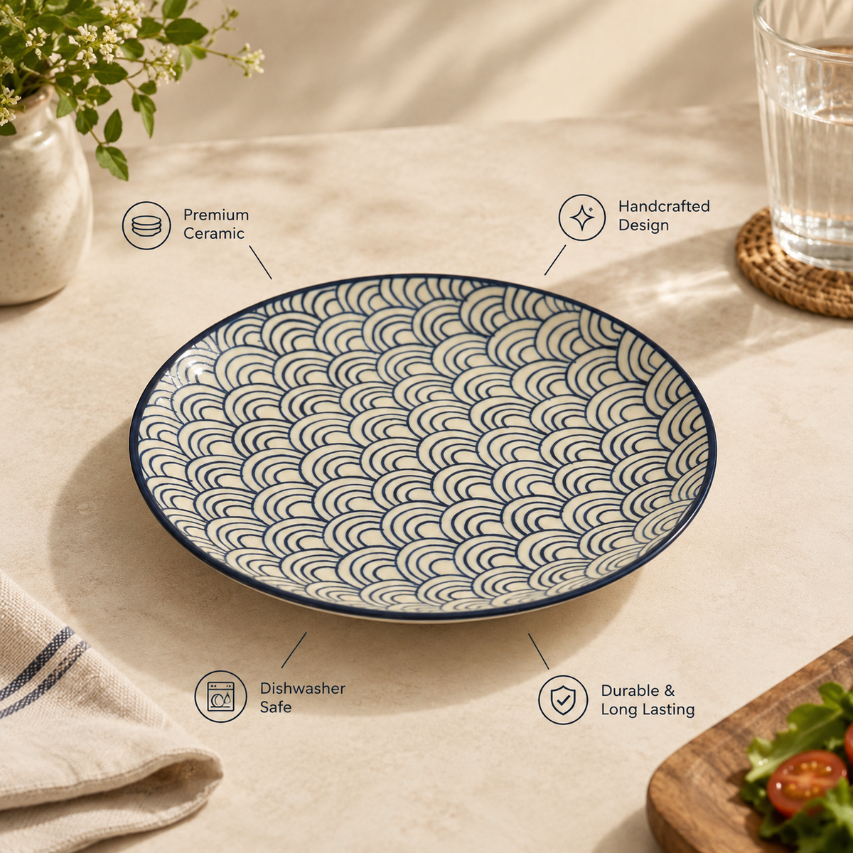 Blue Wave Pattern Ceramic Dinner Plates – Set of 3
